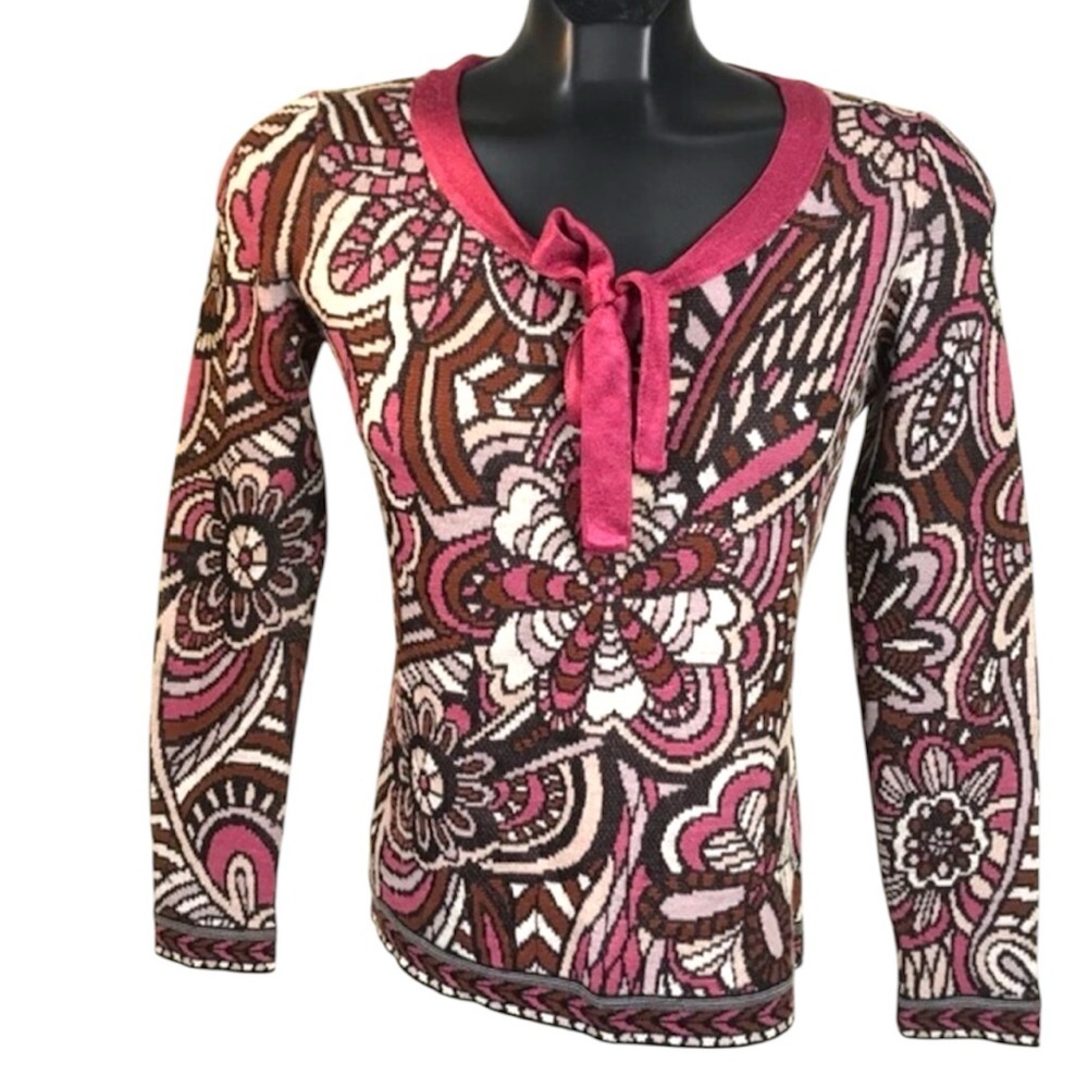 MISSONI Floral Print Knit Neck Tie Bow Sweater Top Wool Rayon Blend Rose Black S